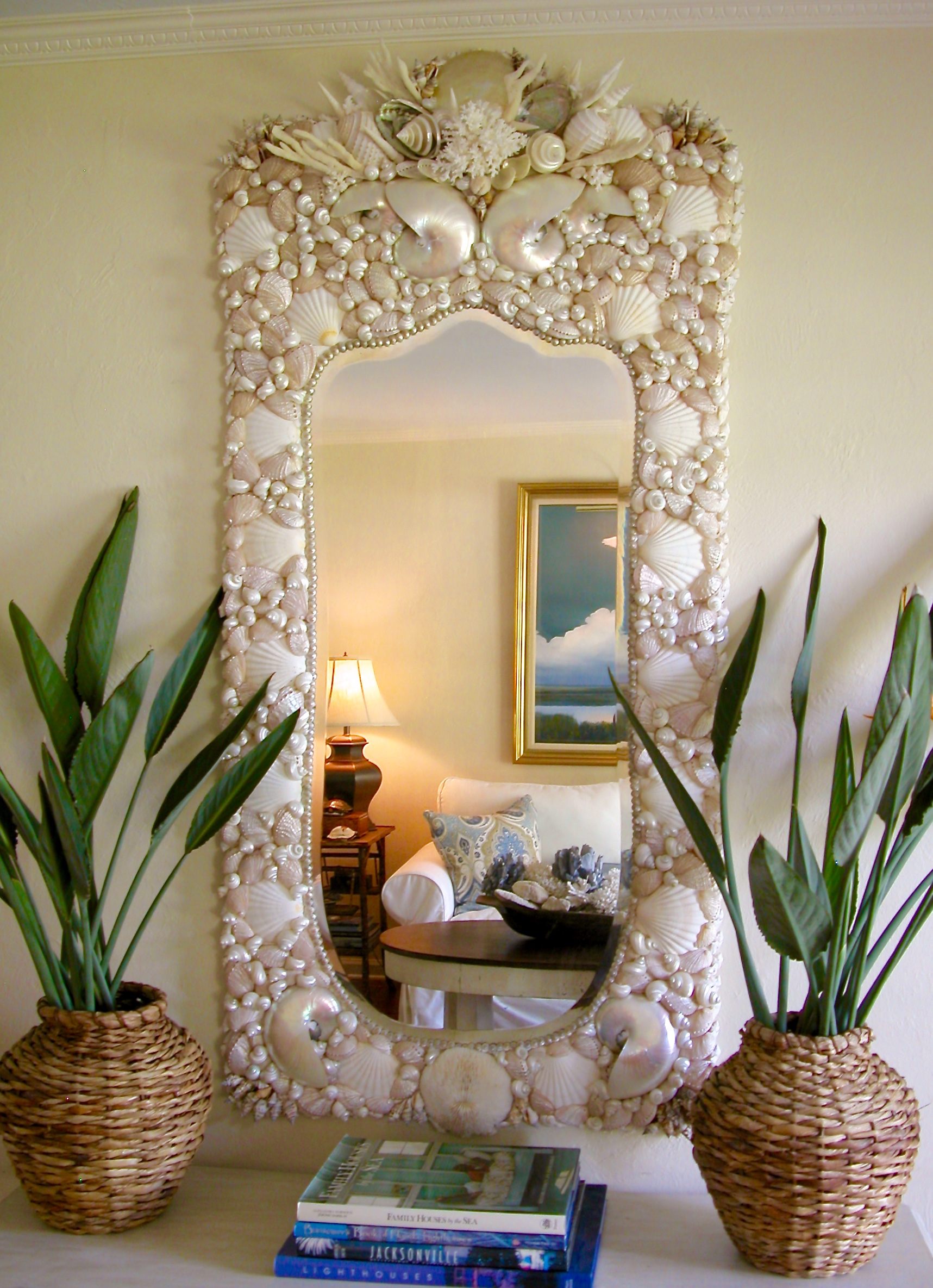 Long rectangular shell mirror made with pearlised white shells.