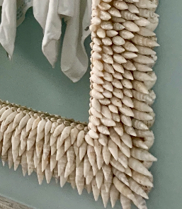 Corner section of a mirror made with pointy seashells hanging on a light blue wall.