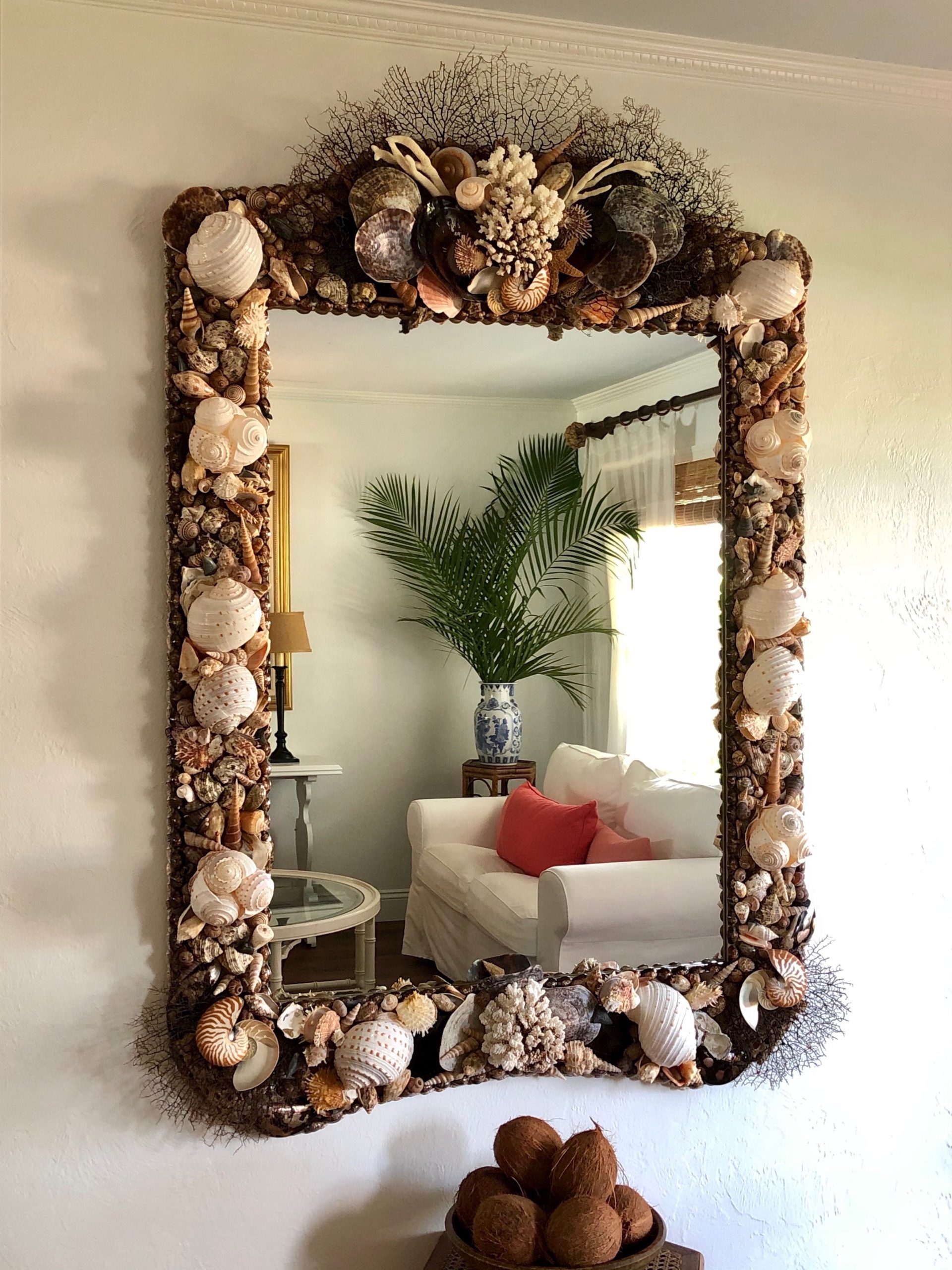 Large mirror made with dark colored seashells and black coral. reflecting a palm tree